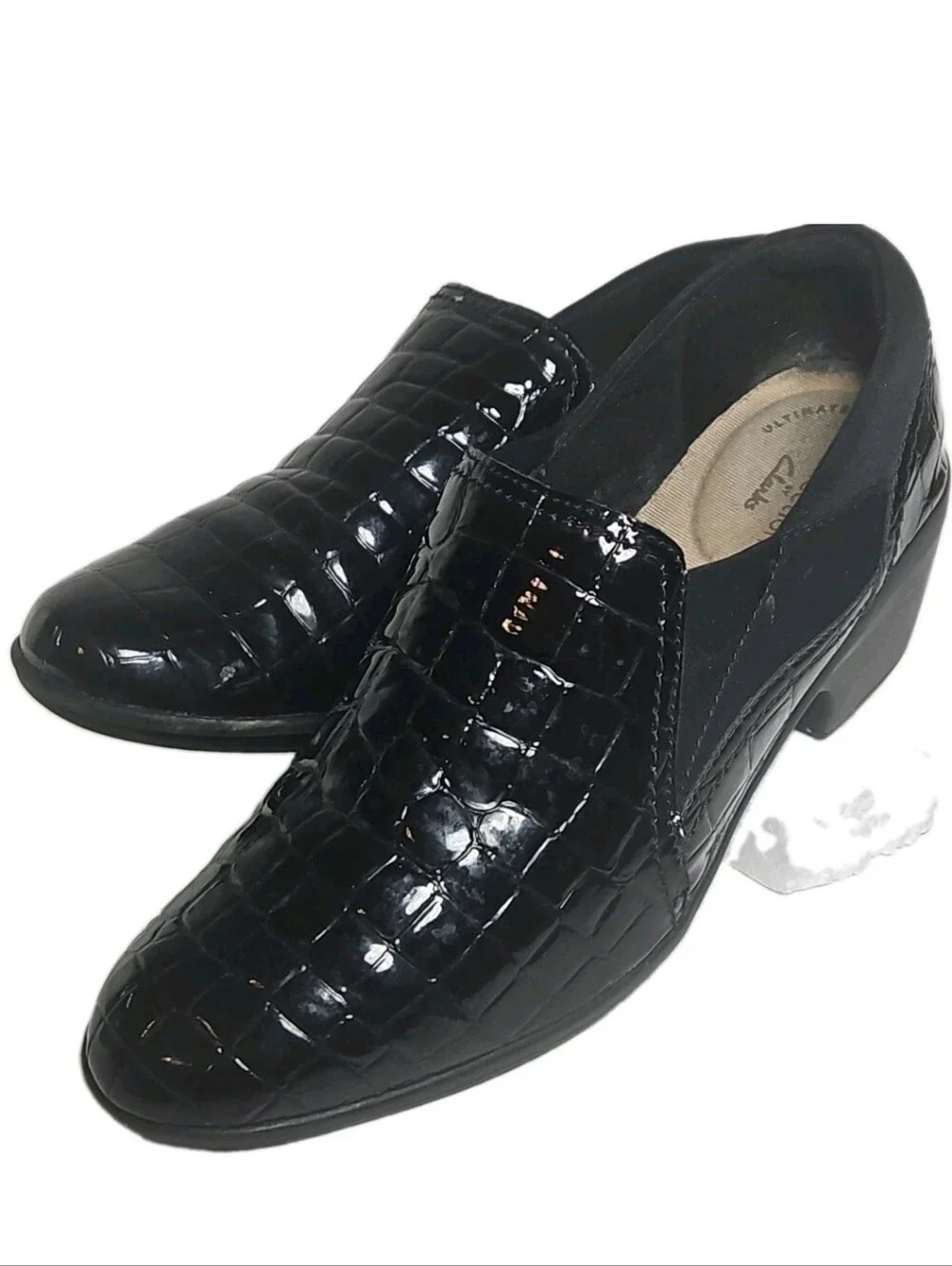 Clarks Women Size 8 M Black Croc Patent Leather Wedge SlipOn Loafer May Poppy[8A